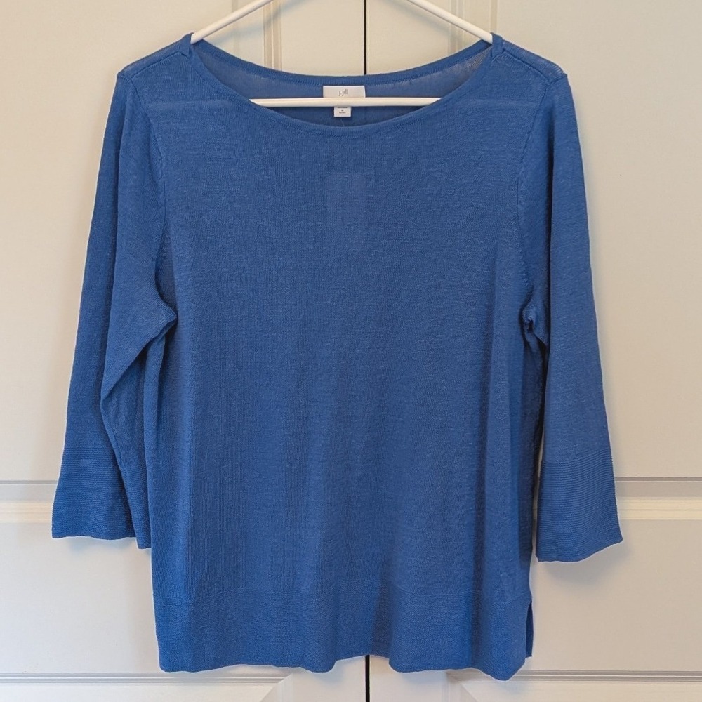 NWT J. Jill Womens Size Medium Petite‎ Blue Linen Blend 3/4 Sleeve Knit Sweater